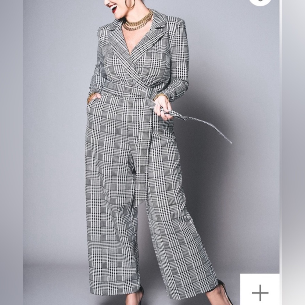 Wide Leg Plaid Jumpsuit with Lapel - Size 24